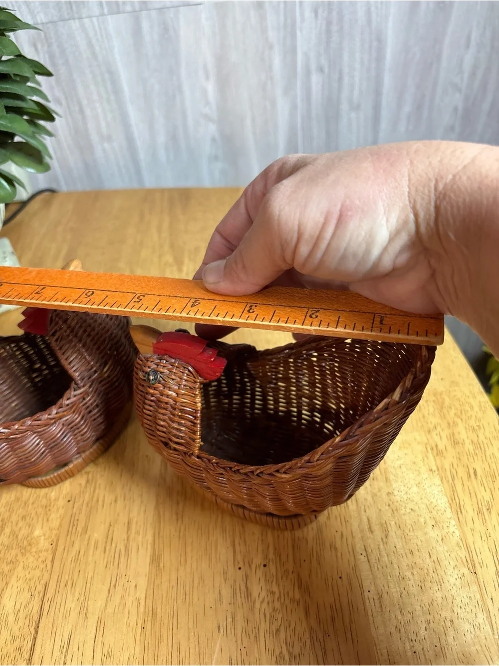 Vintage Pair of Mini Woven Wicker Chicken Baskets with Red Wooden Combs